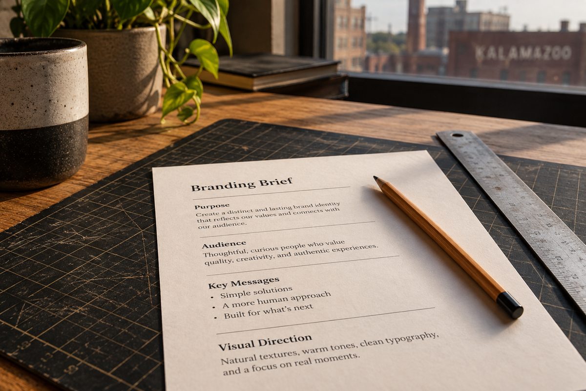 Ruler, pencil, paper clips, and a marked creative brief