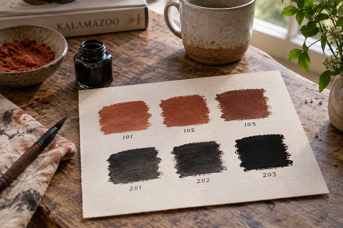 Warm grey and vermilion colour tests on paper