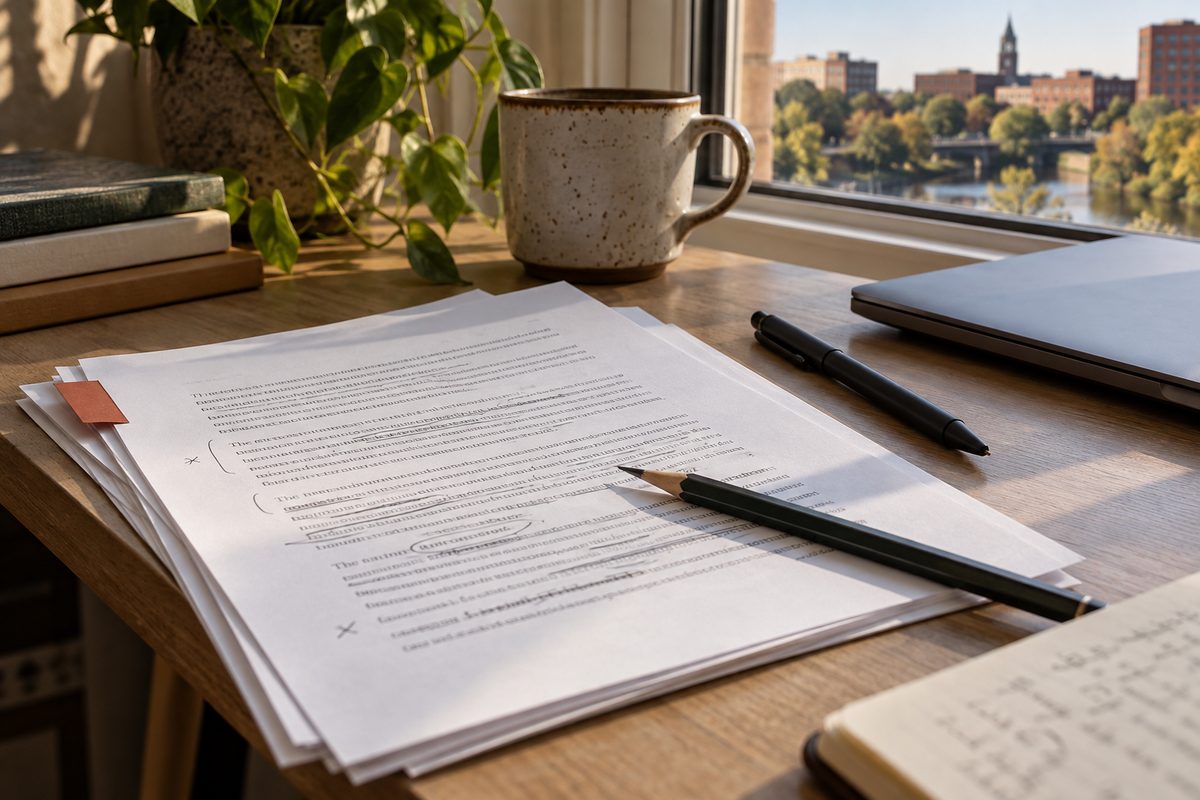 Printed brand copy with pencil edits and revision marks