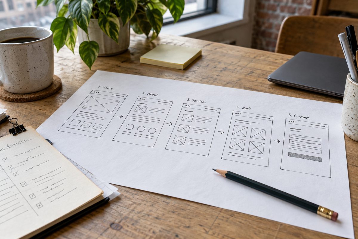 Annotated wireframe sheets for a compact service website
