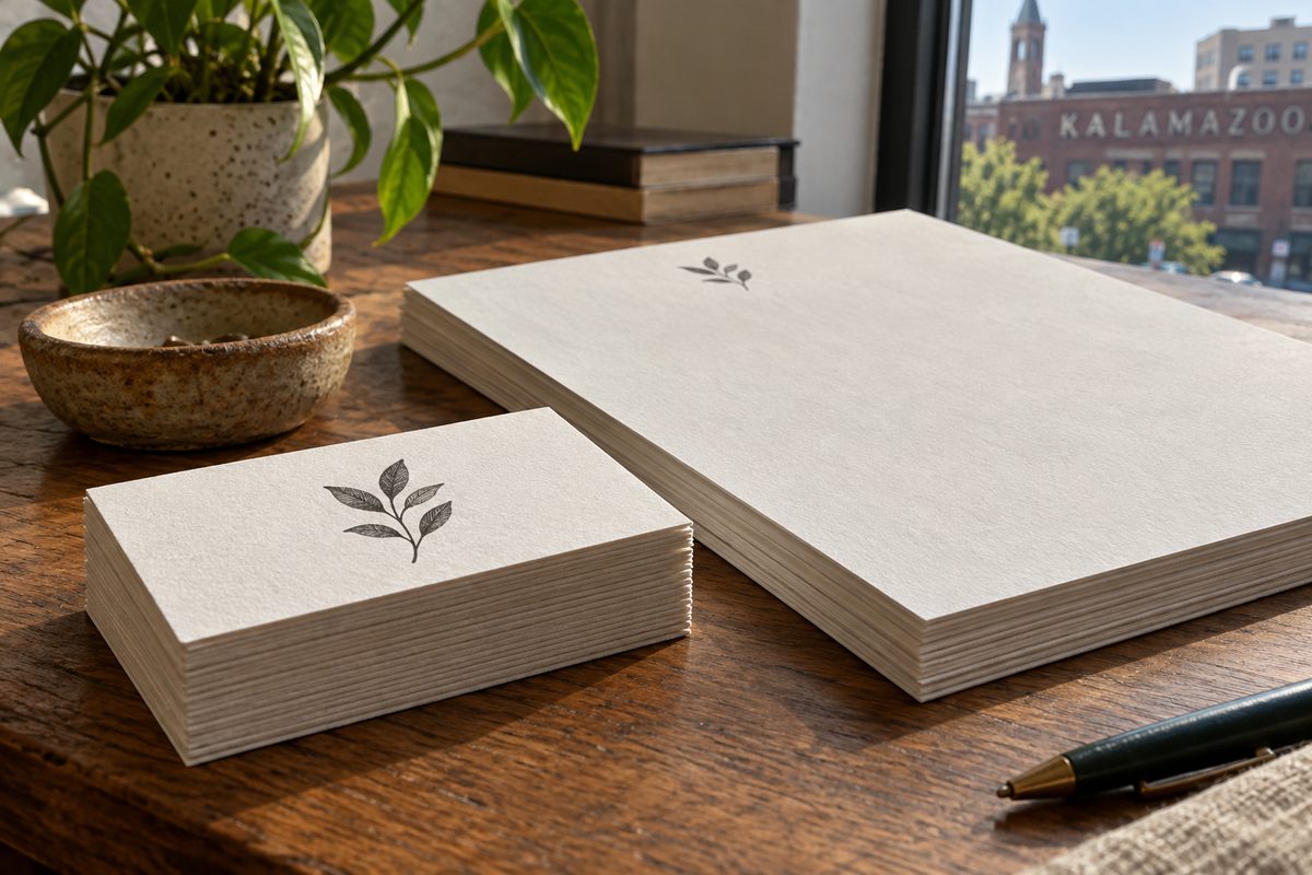 Business cards and letter sheets showing one identity system