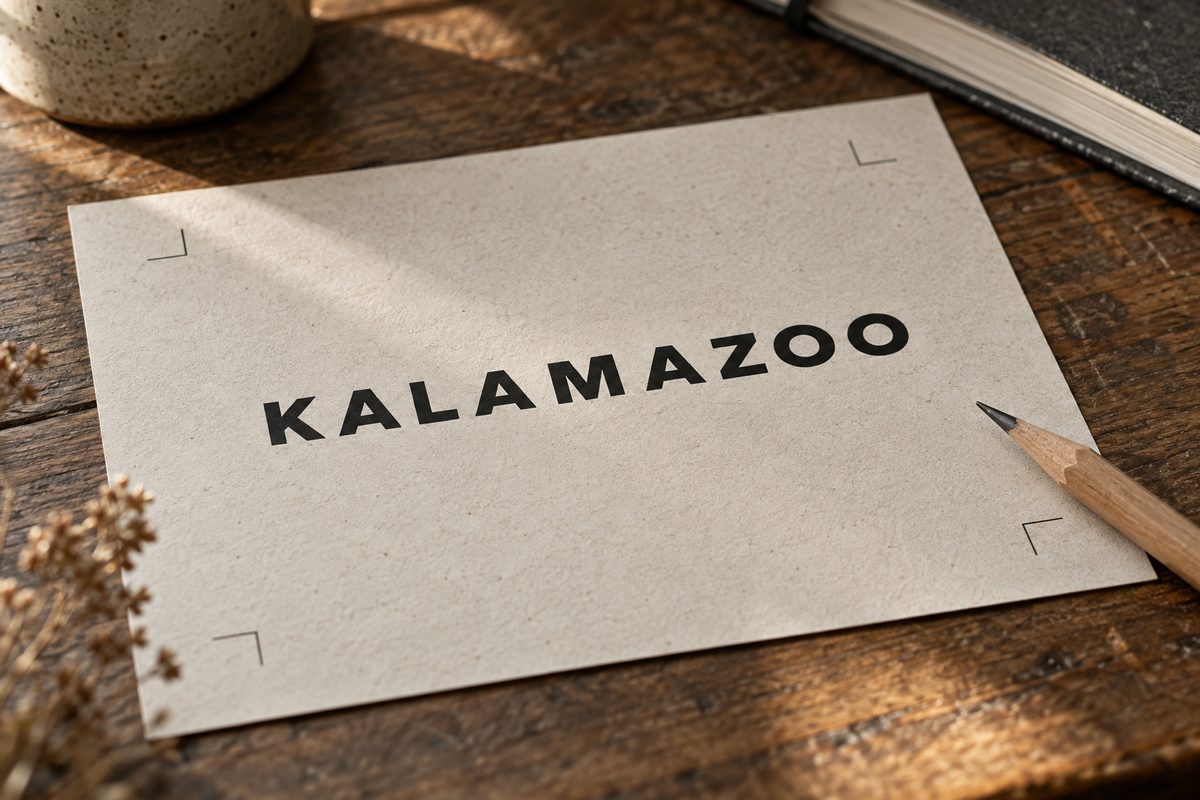 Large wordmark proof with crop marks on a cutting table